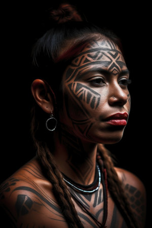 a beautiful woman with tribal markings on her face isolated against a black backgroundの素材