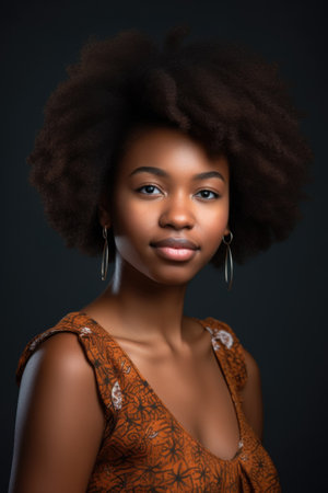 a studio portrait of a beautiful young woman with an afro isolated against a gray backgroundの素材