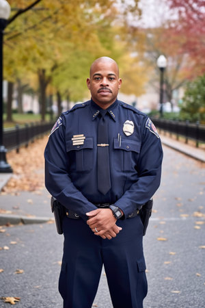 portrait of a male police officer standing outsideの素材