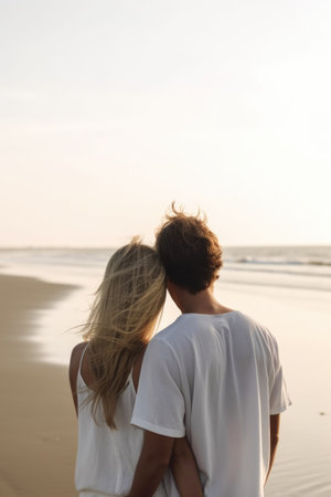 rearview shot of a couple on the beachの素材