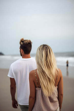 rearview shot of a couple on the beachの素材
