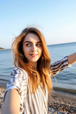 portrait of a beautiful young woman taking selfies on the beachの素材