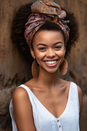 an attractive ethnic woman smiling while standing against a wall outdoorsの素材