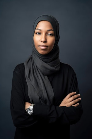 portrait of an attractive young woman in a hijab standing with her arms crossed against a grey backgroundの素材