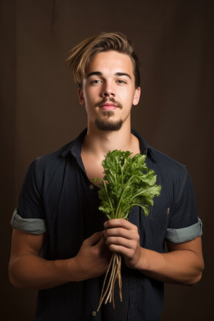 portrait of a handsome young man holding up an edible plantの素材