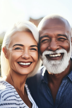 cropped shot of a smiling couple standing outsideの素材