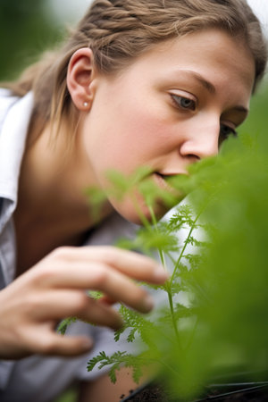 a young woman examining a seedling she has just plantedの素材