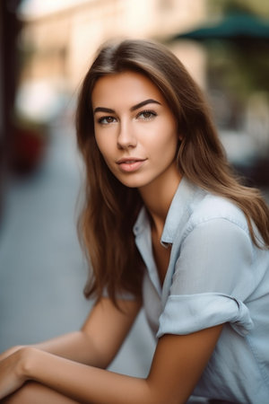 cropped shot of an attractive young woman sitting outsideの素材