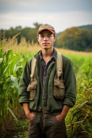 a young farmer standing next to his cornfieldの素材