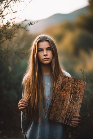 portrait of a young woman holding up a sign while standing in natureの素材