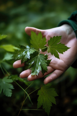 hands, leaf and environmental protection, nature conservation and sustainability outdoorsの素材