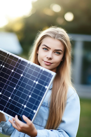 cropped shot of a young woman holding up a solar panelの素材