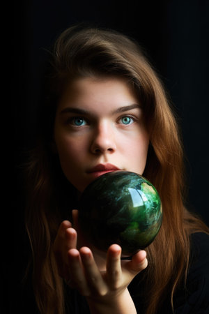 portrait of a young woman holding up a planet in front of her eyesの素材