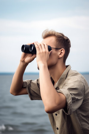 cropped shot of a young man using binoculars to look out over the oceanの素材