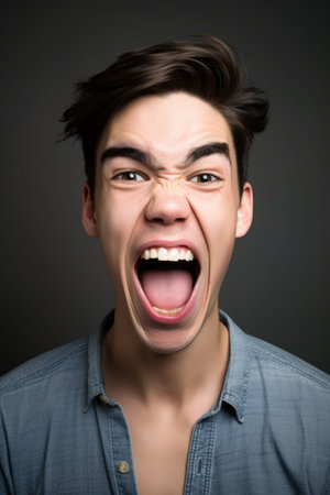 studio shot of a young man making silly faces against a grey backgroundの素材