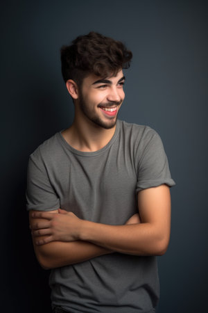 studio shot of a handsome young man having fun posing against a grey backgroundの素材