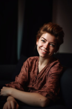portrait of a happy young woman relaxing at home on the couchの素材