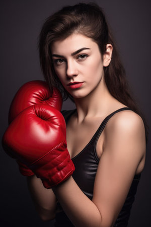 studio shot of a graceful young woman wearing boxing glovesの素材