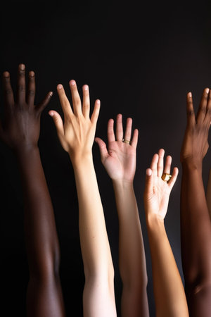 closeup of a group of hand raisingの素材