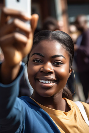 shot of a young woman taking a selfie during a community outreach eventの素材