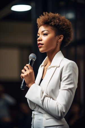 shot of a young businesswoman making a presentation during an open forumの素材