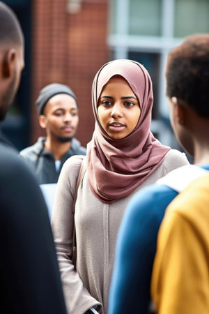 shot of a young female student having discussions with members of her class outsideの素材