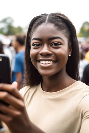 shot of a young woman taking a selfie during a community outreach eventの素材