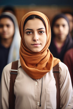portrait of a young female student standing in front of her classmatesの素材