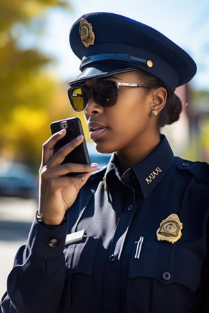 shot of a young female police officer using her cellphone while on dutyの素材