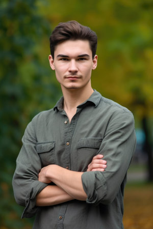 portrait of a handsome young man standing outdoors with his arms foldedの素材