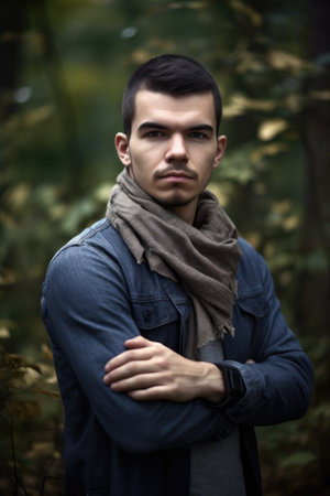 portrait of a handsome young man standing outdoors with his arms foldedの素材