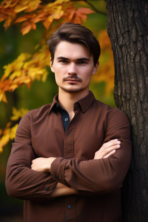 portrait of a handsome young man standing outdoors with his arms foldedの素材