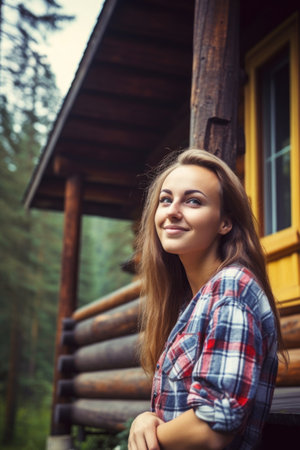 portrait of a beautiful young woman enjoying a vacation at a cabinの素材