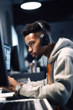 shot of a young man wearing headphones and using a computer in a modern officeの素材