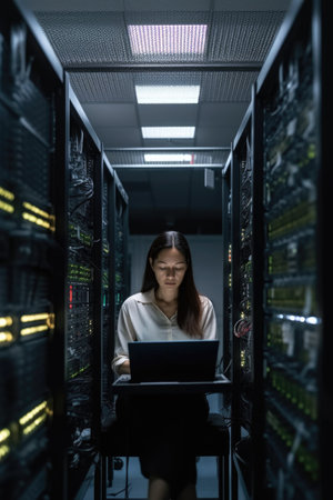 closeup shot of an unrecognisable woman using a laptop in a data centreの素材