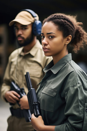 shot of a young woman holding a gun during training with her colleague outsideの素材
