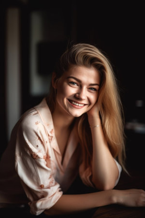 portrait of a happy young woman sitting in her homeの素材