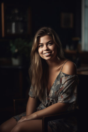 portrait of a happy young woman sitting in her homeの素材
