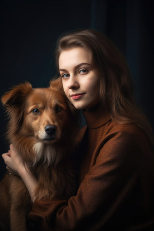 portrait of a young woman and her dogの素材
