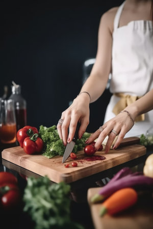 cropped shot of a woman showing thumbs up while cookingの素材
