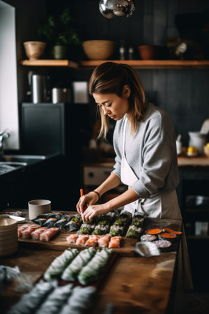 shot of a young woman making sushi in her kitchenの素材
