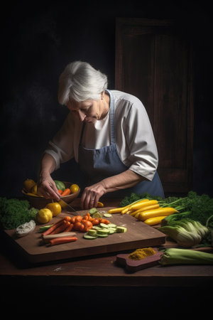 studio shot of a woman slicing vegetables on a boardの素材
