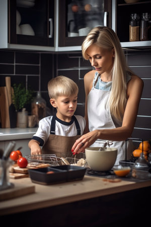 shot of a young mother working in the kitchen with her sonの素材