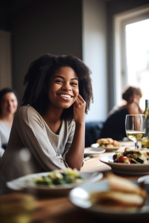 shot of a young woman enjoying lunch with friends at homeの素材