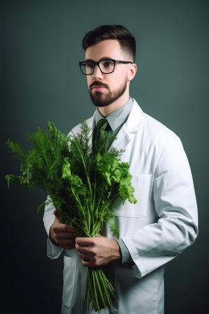 shot of a young biologist holding a bundle of green plantsの素材