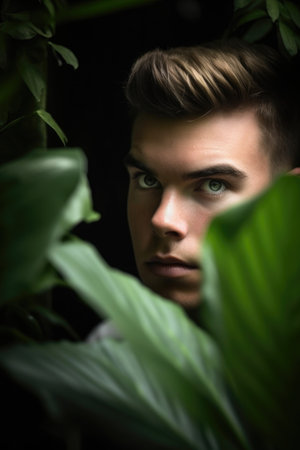 shot of a young man looking out through the leaves of a plantの素材