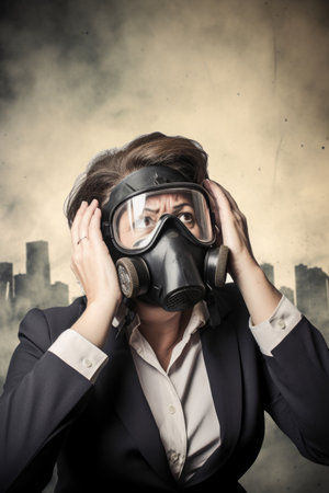 stressed out business woman wearing a gas mask against a blur backgroundの素材