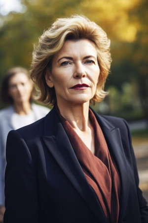 portrait of a mature businesswoman standing outdoors with colleagues in the backgroundの素材