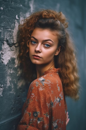cropped portrait of a young woman posing against a wallの素材