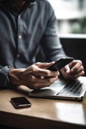cropped shot of an unrecognizable man using his laptop and smartphoneの素材